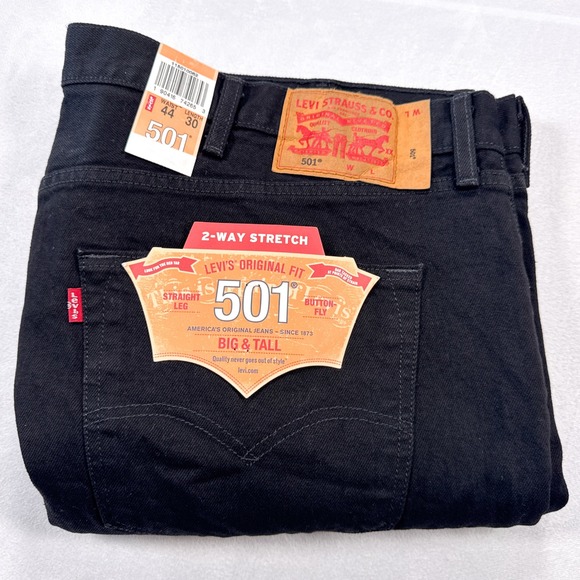 NWT LEVI'S Men's 44x30 Black 501 2-Way Stretch Button Fly Straight Leg Jeans - Picture 1 of 6